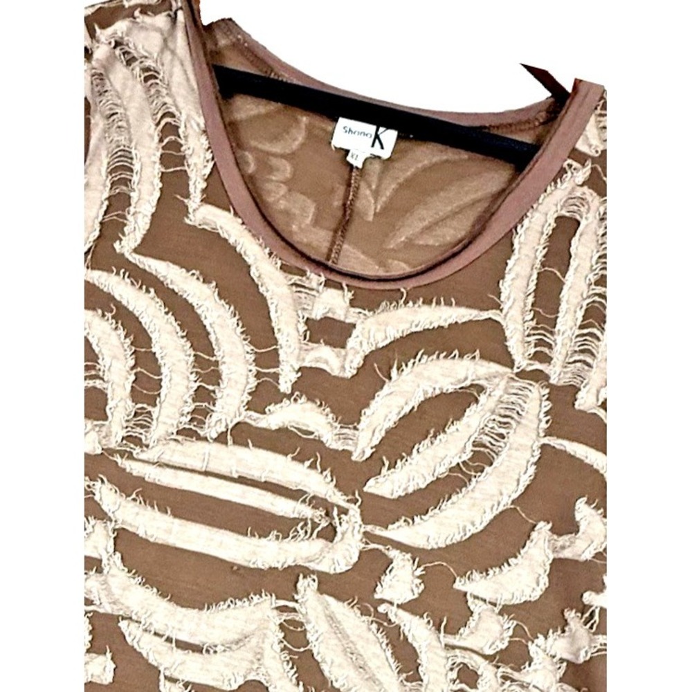 Shana K Women Tunic Top XL Brown Textured Western Stretch Knit Handkerchief Hem - Picture 2 of 11